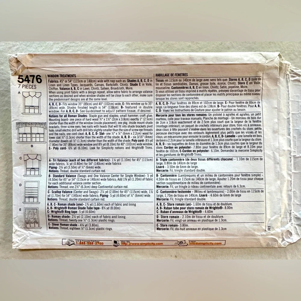 Simplicity 5476 Window Treatments Uncut Sewing Pattern